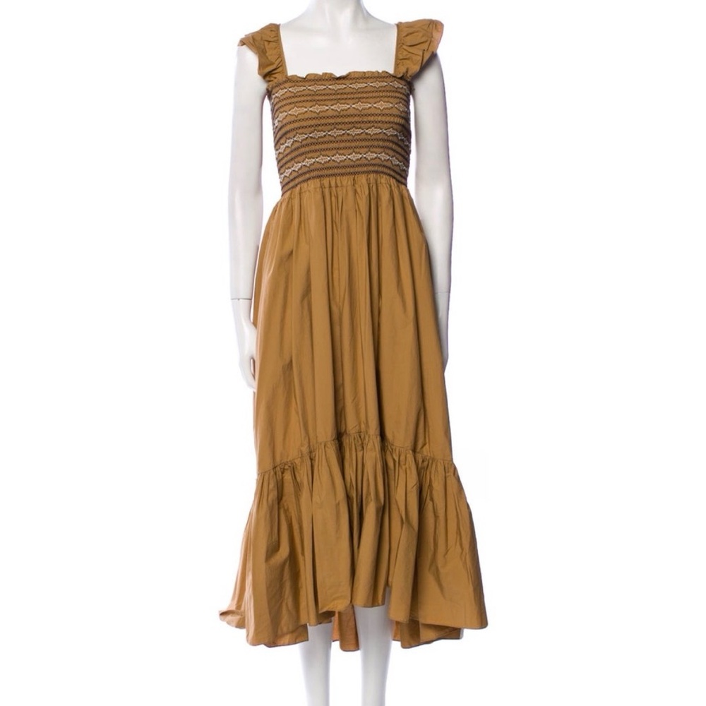 Cara Cara Smocked Ruffle-Strap Midi Dress in Mustard